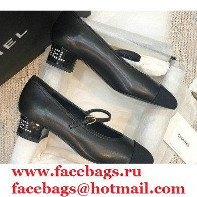 Chanel Crystal Logo Heel 3.5cm Pumps with Strap Black 2020 - Click Image to Close
