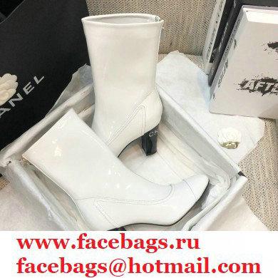 Chanel Crystal Logo Heel 8.5cm Boots Patent White 2020 - Click Image to Close