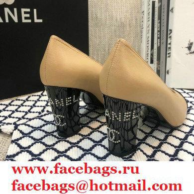 Chanel Crystal Logo Heel 8.5cm Pumps Beige 2020 - Click Image to Close