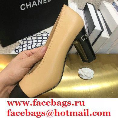 Chanel Crystal Logo Heel 8.5cm Pumps Beige 2020