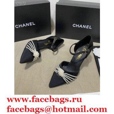 Chanel Heel 7.5cm Pearl Bow Satin and Grosgrain Pumps with Straps G36466 Black 2020 - Click Image to Close