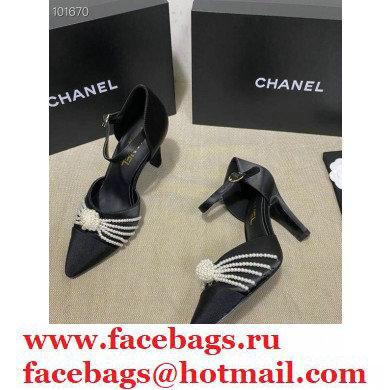 Chanel Heel 7.5cm Pearl Bow Satin and Grosgrain Pumps with Straps G36466 Black 2020