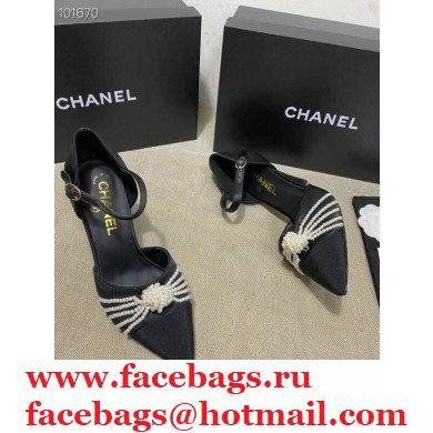 Chanel Heel 7.5cm Pearl Bow Satin and Grosgrain Pumps with Straps G36466 Black 2020
