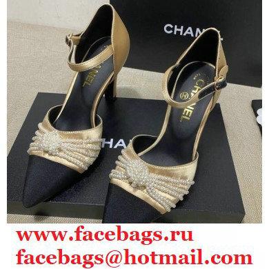 Chanel Heel 7.5cm Pearl Bow Satin and Grosgrain Pumps with Straps G36466 Gold 2020 - Click Image to Close