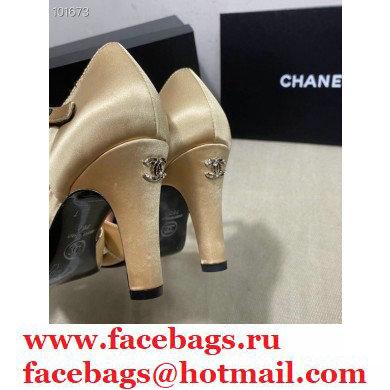 Chanel Heel 7.5cm Pearl Bow Satin and Grosgrain Pumps with Straps G36466 Gold 2020 - Click Image to Close