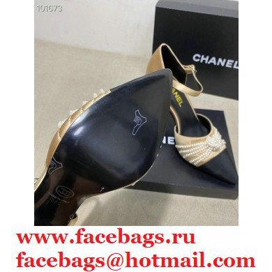 Chanel Heel 7.5cm Pearl Bow Satin and Grosgrain Pumps with Straps G36466 Gold 2020
