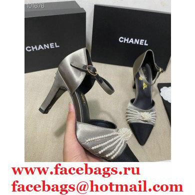 Chanel Heel 7.5cm Pearl Bow Satin and Grosgrain Pumps with Straps G36466 Gray 2020