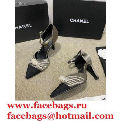 Chanel Heel 7.5cm Pearl Bow Satin and Grosgrain Pumps with Straps G36466 Gray 2020 - Click Image to Close