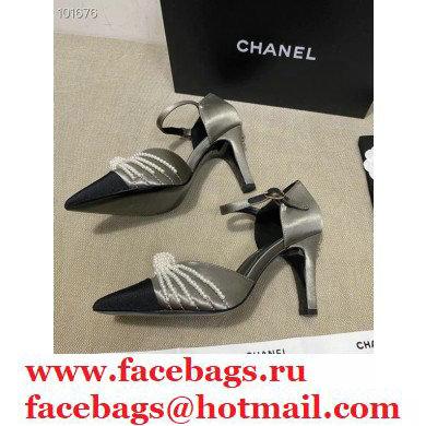 Chanel Heel 7.5cm Pearl Bow Satin and Grosgrain Pumps with Straps G36466 Gray 2020