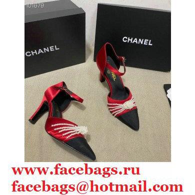 Chanel Heel 7.5cm Pearl Bow Satin and Grosgrain Pumps with Straps G36466 Red 2020