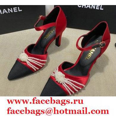 Chanel Heel 7.5cm Pearl Bow Satin and Grosgrain Pumps with Straps G36466 Red 2020