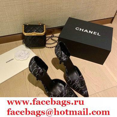 Chanel Heel 7cm Coco Vintage Pumps Top Quality Satin Print Black 2020 - Click Image to Close