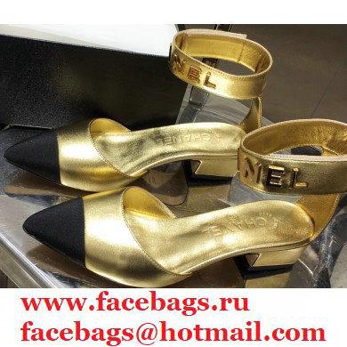 Chanel Low Heel Pumps Gold with Gold Logo Strap 2020 - Click Image to Close