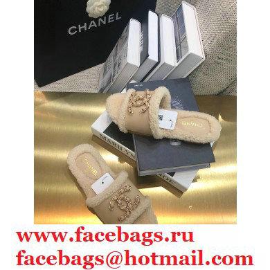 Chanel Shearling Fur Chain CC Logo Slipper Sandals Beige 2020