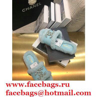 Chanel Shearling Fur Chain CC Logo Slipper Sandals Light Blue 2020