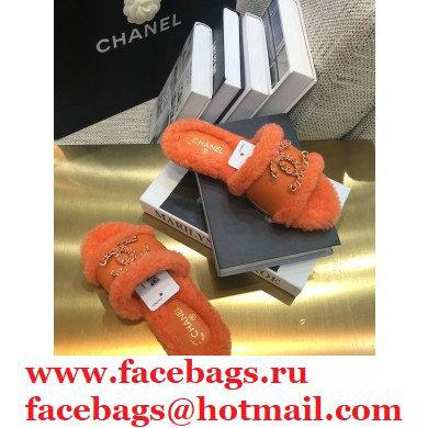 Chanel Shearling Fur Chain CC Logo Slipper Sandals Orange 2020