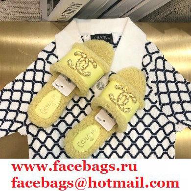 Chanel Shearling Fur Chain CC Logo Slipper Sandals Yellow 2020