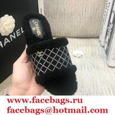 Chanel Shearling Fur Crystal Quilting Slipper Sandals Black 2020
