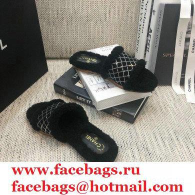 Chanel Shearling Fur Crystal Quilting Slipper Sandals Black 2020 - Click Image to Close