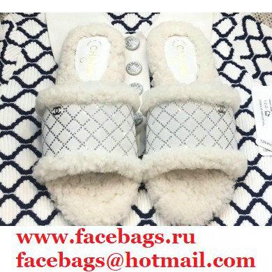 Chanel Shearling Fur Crystal Quilting Slipper Sandals White 2020