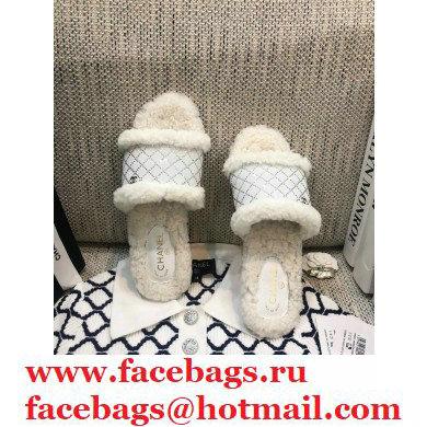 Chanel Shearling Fur Crystal Quilting Slipper Sandals White 2020