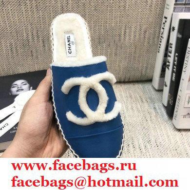 Chanel Shearling Fur Lining CC Logo Espadrilles Mules Blue 2020 - Click Image to Close