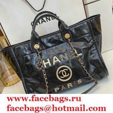Chanel Shiny Calfskin Deauville Large Shopping Tote Bag A66941 Black 2020