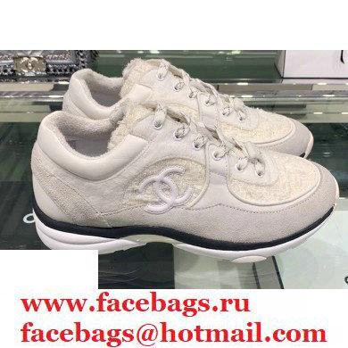 Chanel Top Quality CC Logo Tweed Sneakers White 2020 - Click Image to Close