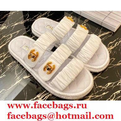 Chanel Top Quality Satin Gold CC Logo Mules Sandals White 2020