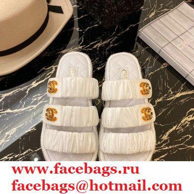 Chanel Top Quality Satin Gold CC Logo Mules Sandals White 2020 - Click Image to Close