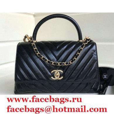 Chanel Waxy Leather Coco Handle Chevron Medium Flap Bag Black with Top Handle A92991 - Click Image to Close