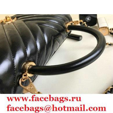 Chanel Waxy Leather Coco Handle Chevron Medium Flap Bag Black with Top Handle A92991
