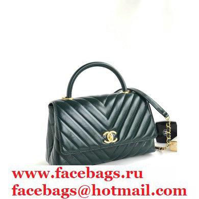 Chanel Waxy Leather Coco Handle Chevron Medium Flap Bag Dark Green with Top Handle A92991