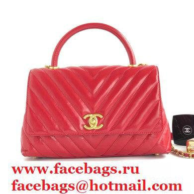 Chanel Waxy Leather Coco Handle Chevron Medium Flap Bag Red with Top Handle A92991