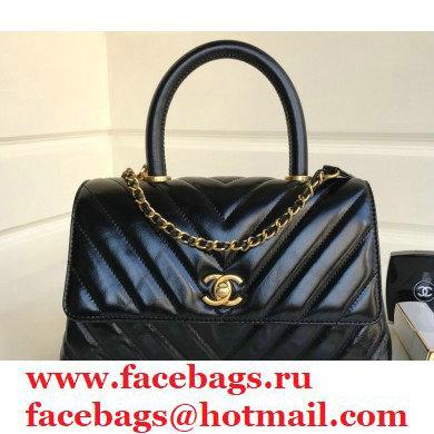 Chanel Waxy Leather Coco Handle Chevron Small Flap Bag Black with Top Handle A92990 - Click Image to Close