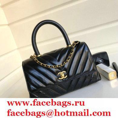 Chanel Waxy Leather Coco Handle Chevron Small Flap Bag Black with Top Handle A92990