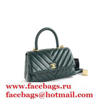 Chanel Waxy Leather Coco Handle Chevron Small Flap Bag Dark Green with Top Handle A92990 - Click Image to Close