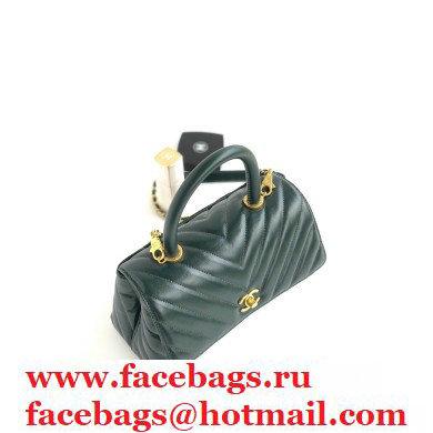 Chanel Waxy Leather Coco Handle Chevron Small Flap Bag Dark Green with Top Handle A92990