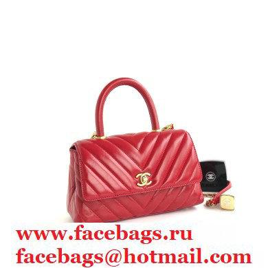 Chanel Waxy Leather Coco Handle Chevron Small Flap Bag Red with Top Handle A92990
