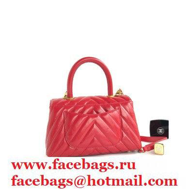 Chanel Waxy Leather Coco Handle Chevron Small Flap Bag Red with Top Handle A92990