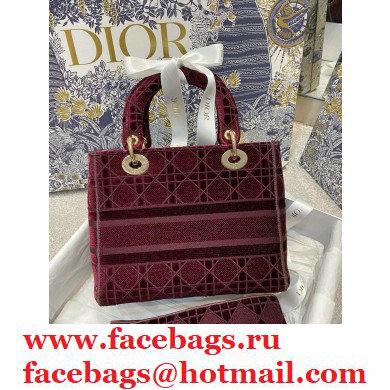 DIOR Burgundy Cannage Embroidered Velvet Medium Lady D-Lite Bag 2020