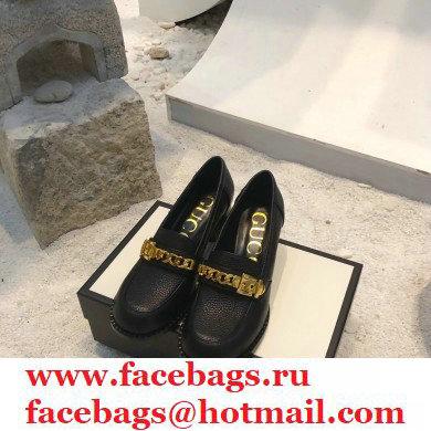 Gucci Heel 5.5cm Textured Leather Loafers Black with Chain 2020