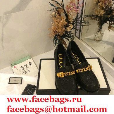 Gucci Heel 5.5cm Textured Leather Loafers Black with Chain 2020 - Click Image to Close