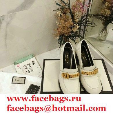 Gucci Heel 8.5cm Textured Leather Loafers White with Chain 2020 - Click Image to Close