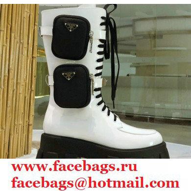 Prada Monolith Patent Leather Rois Boots White with Removable Nylon Pouches 2020