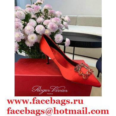 Roger Vivier Heel 6.5cm Flower Strass Buckle Pumps in Satin Red