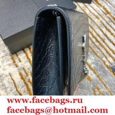 saint laurent Kate chain wallet with tassel in crocodile embossed leather 354119 black/silver