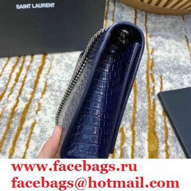 saint laurent Kate chain wallet with tassel in crocodile embossed leather 354119 blue/silver