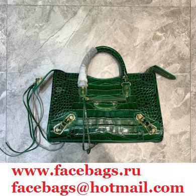Balenciaga Classic City Small Bag Crocodile Embossed Calfskin Green/Gold