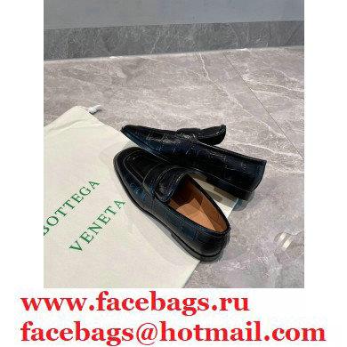 Bottega Veneta Crocodile Print Calf Leather Loafers Black 2021